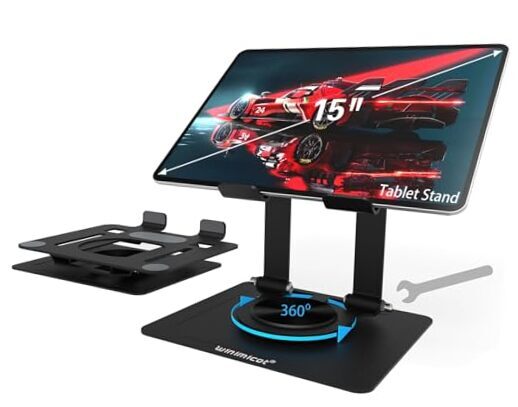 Tablet Stand Holder for Desk, with 360 Rotating Metal Base, Dual Rod Support