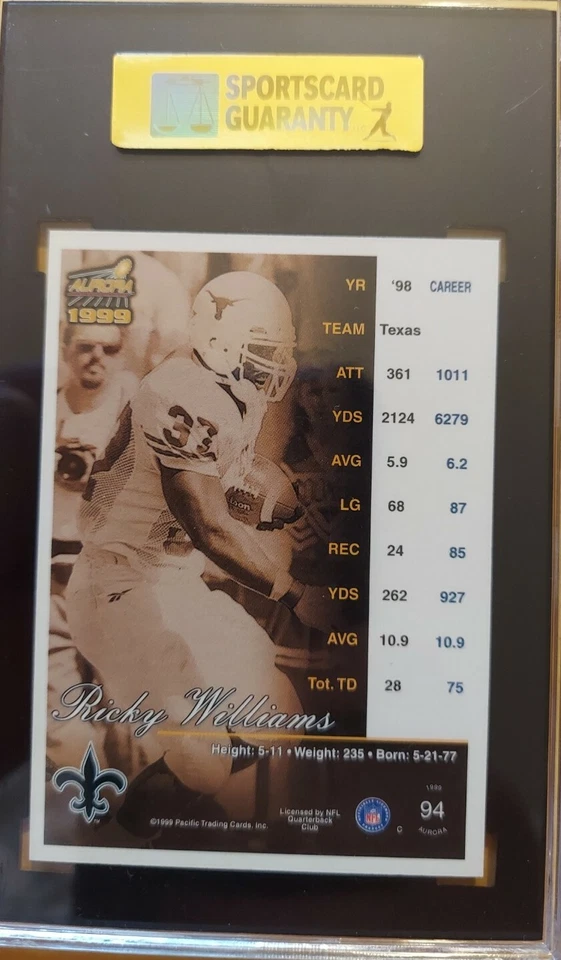 1999 Pacific Aurora #94 Ricky Williams Rookie Premiere Date /77 SGC 7.5 NM+ POP1 - Image 3 of 4