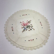 Handmade Needlecraft embroidery 10" circle with Pink & Blue flowers VTG Lace Edg