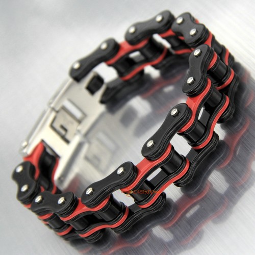 Heavy Mens Stainless Steel Bike Chain Bracelet Motorcycle Biker 18mm Black/Red - Picture 2 of 14