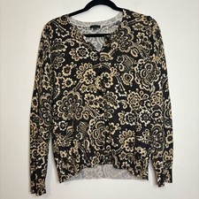 Talbots Floral Metallic Button Cardigan Sweater Black Gold L Cotton Blend