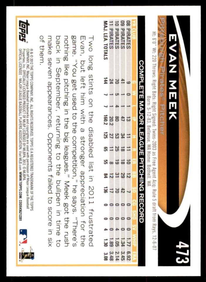 2012 TOPPS EVAN MEEK PITTSBURGH PIRATES #473 - Image 2 of 2