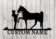 Personalized Cowgirl with Horse Metal Name Sign Home Ranch Farm Decorative Art