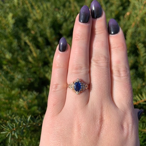 Victorian 10k Rose Gold 1.62 Carat Blue Sapphire and Seed Pearl Ring (#J7002) - Picture 7 of 9