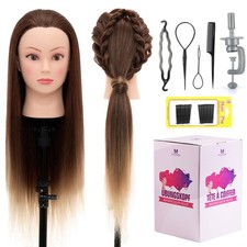 Brown Hair Cosmetology Mannequin Training Head Hairdressing Practice Doll Clamp