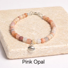 Image of Sea Shell Clam & Pink Opal Gemstone Charm Bracelet, Gift for her, Stacking