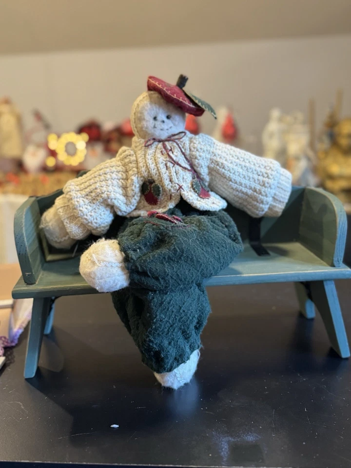 Estante de banco de madera primitivo azul verde campo granja soporte de exhibición Foto 3 de 3