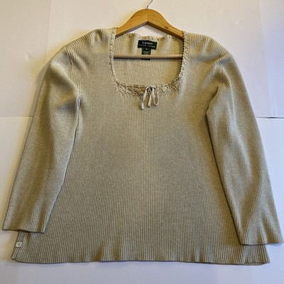 Vintage Lauren Ralph Lauren Women s Ribbed Knit Top Beige XL Crochet Trim Cotton