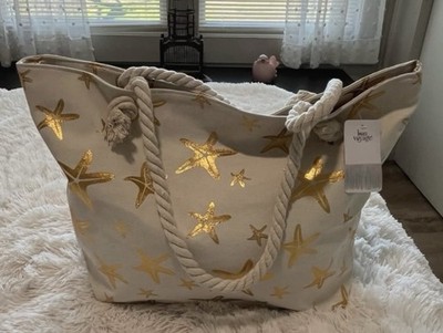 Bon Voyage Women s Beige Tote Bag Gold Starfish Print Rope Handles Zip Lined