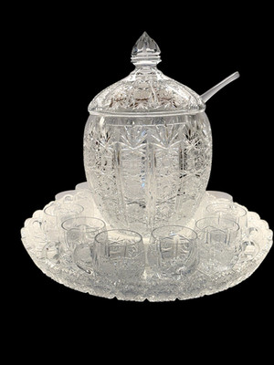 TOM BOHEMIA 500 PK HAND CUT 24% PBO LEAD CRYSTAL PUNCH SET w/ 12 cups CZECH VTG