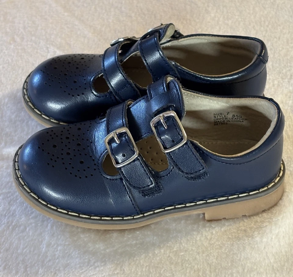 Zapatos L’amour Niña Niño Cuero Azul Nay Mary Jane’s Doble Correa Talla 7 Foto 3 de 4