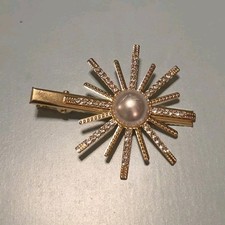 Gold Metal Sunburst Hair Clip Barrette with Faux Pearl Accent