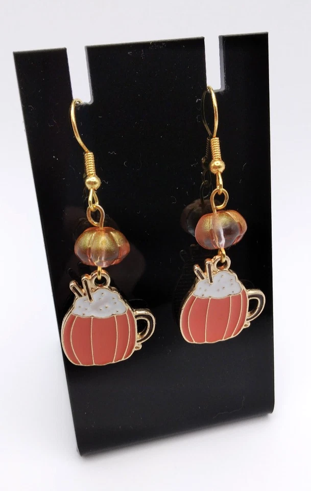 Pendientes Esmaltados Calabaza Latte y Cuentas de Vidrio Naranja Pendientes Otoño EE. UU. Foto 3 de 4