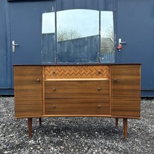 1960s Mid Century Walnut & Teak Veneer Triple Mirror Dressing Vanity Table