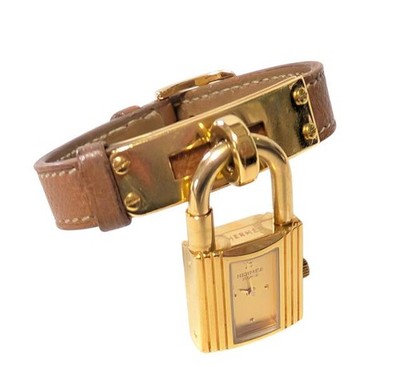 Authentic Hermes Kelly Watch KE1.201 GP Gold Dial Embossed Leather Ladies Watch