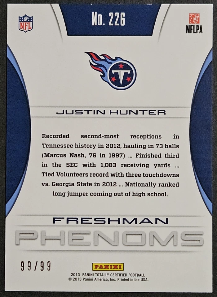 2013 Panini Totally Certified Blue Justin Hunter RC SP /99 Tennessee Volunteers - Image 2 of 2