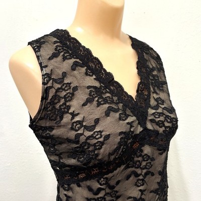Y2K Fairy Grunge Babydoll Black Lace Cami Tank Top Petite Small Vintage V Neck
