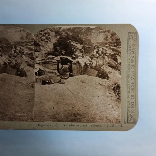 WW1 Military Stereoview C1916 Real Photo Turkey Gallipoli Dugout Group On Hill