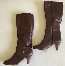 Vintage COBBIES Plum Leather Boots 7.5 M Gold Hardware High Heels- New