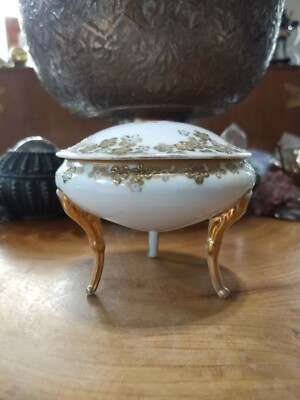 Vintage 1940s porcelain vanity 3 footed trinket box. Pink roses