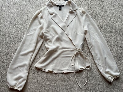 Forever 21 Cream Off White Woven Textured Long Sleeve Wrap Blouse Top Shirt  Sz S