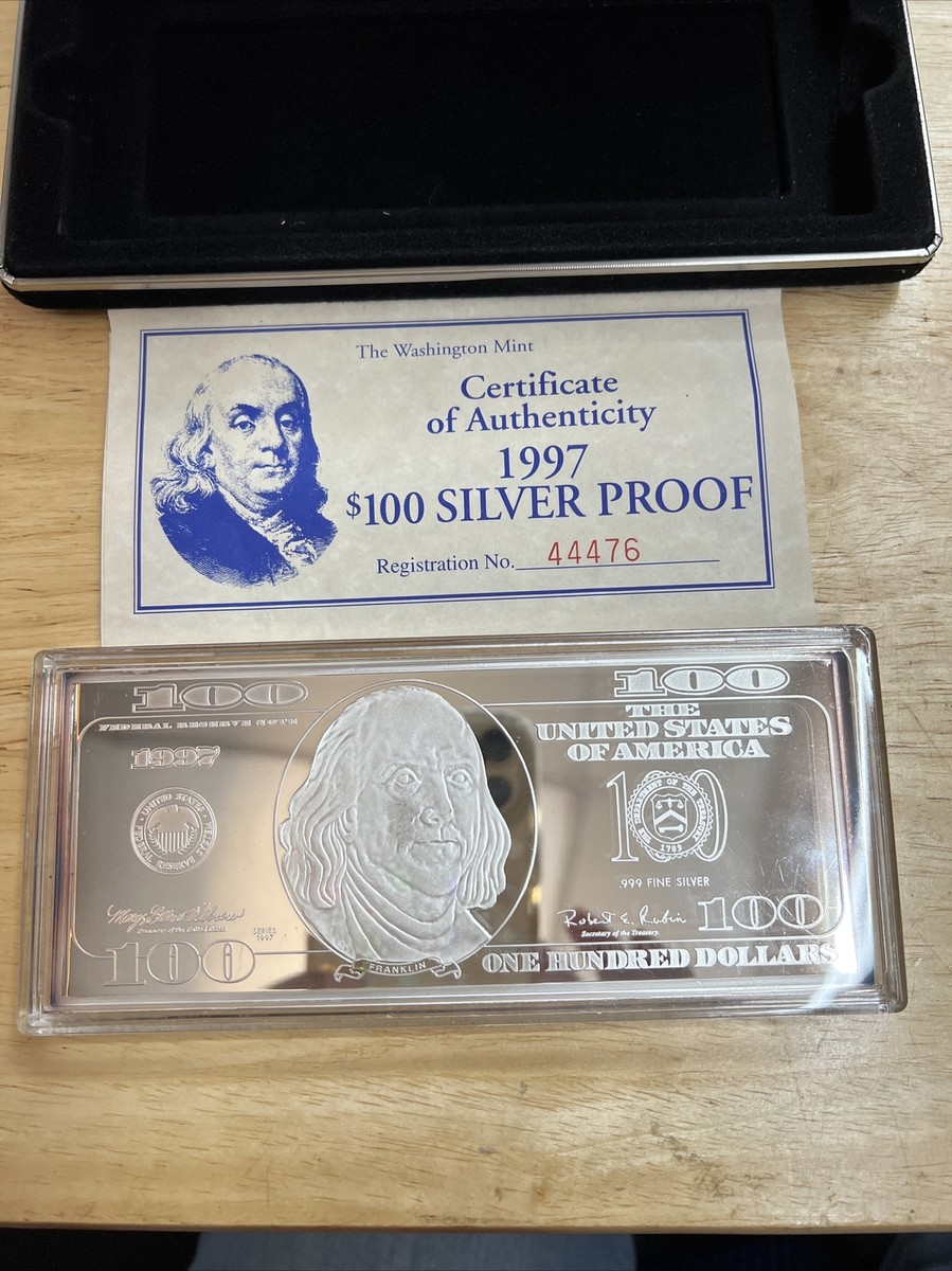1997 $100 Franklin Quarter Pound Silver Proof Bar In Box w