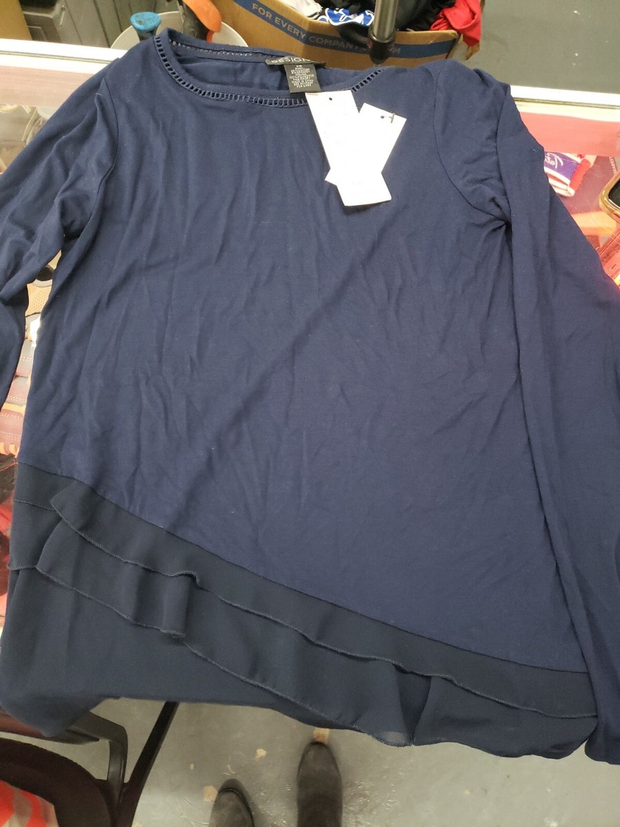 Design 365 Sz XS Ruffle Trim Knit Sweater Blue Crew Neck Long