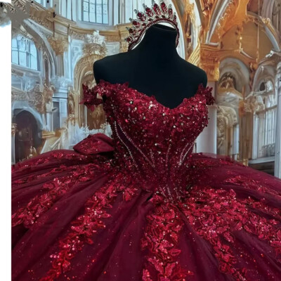Luxury Burgundy Ball Gown Quinceanera Dresses 3D Flower Beading Formal  Party | eBay