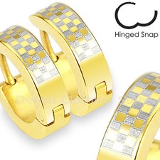 1 pair Gold 316L Stainless Steel Plated Hoop Earring with Checker Design 20GA