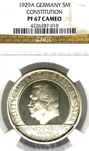 Germany, Weimar Republic, 1929A, 5 Mark, CONSTITUTION, Thaler, NGC PF 67 CAMEO