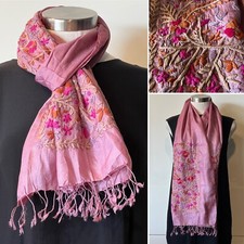 Designer Pink 100 Silk Hand Embroidered SCARF/Shawl 48cm x 156cm Fringes