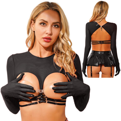 Sexy Women's Mesh T-Shirt Open Cup Bra Top Ruffle Skirt Built-in Thongs Clubwear - Picture 17 of 76