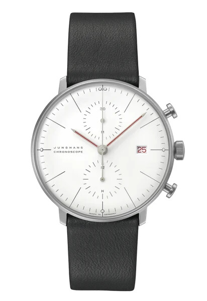 Junghans max bill Chronoscope Bauhaus White Dial Leather Strap Watch 27/4303.02