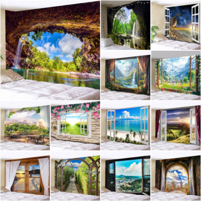 Large Window Natural Scenery Tapestry 3D Wall Hanging Bedroom Bedspread Wall Art