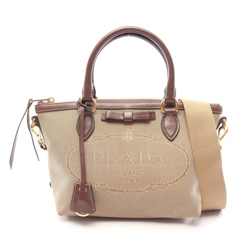 Prada Jacquard 2-Way Handbag Canvas Leather Beige Dark Brown Authentic