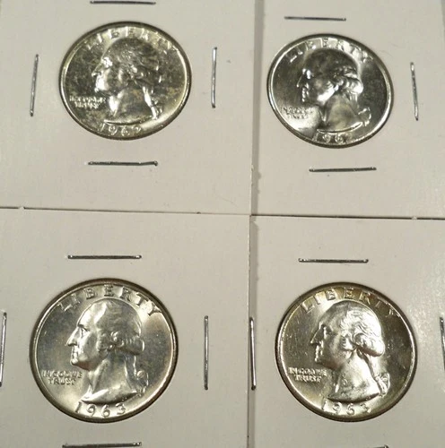 LOT OF 4 BU WASHINGTON QUARTERS 1962 1962D 1963 1963D 0.7233 oz SILVER 25c