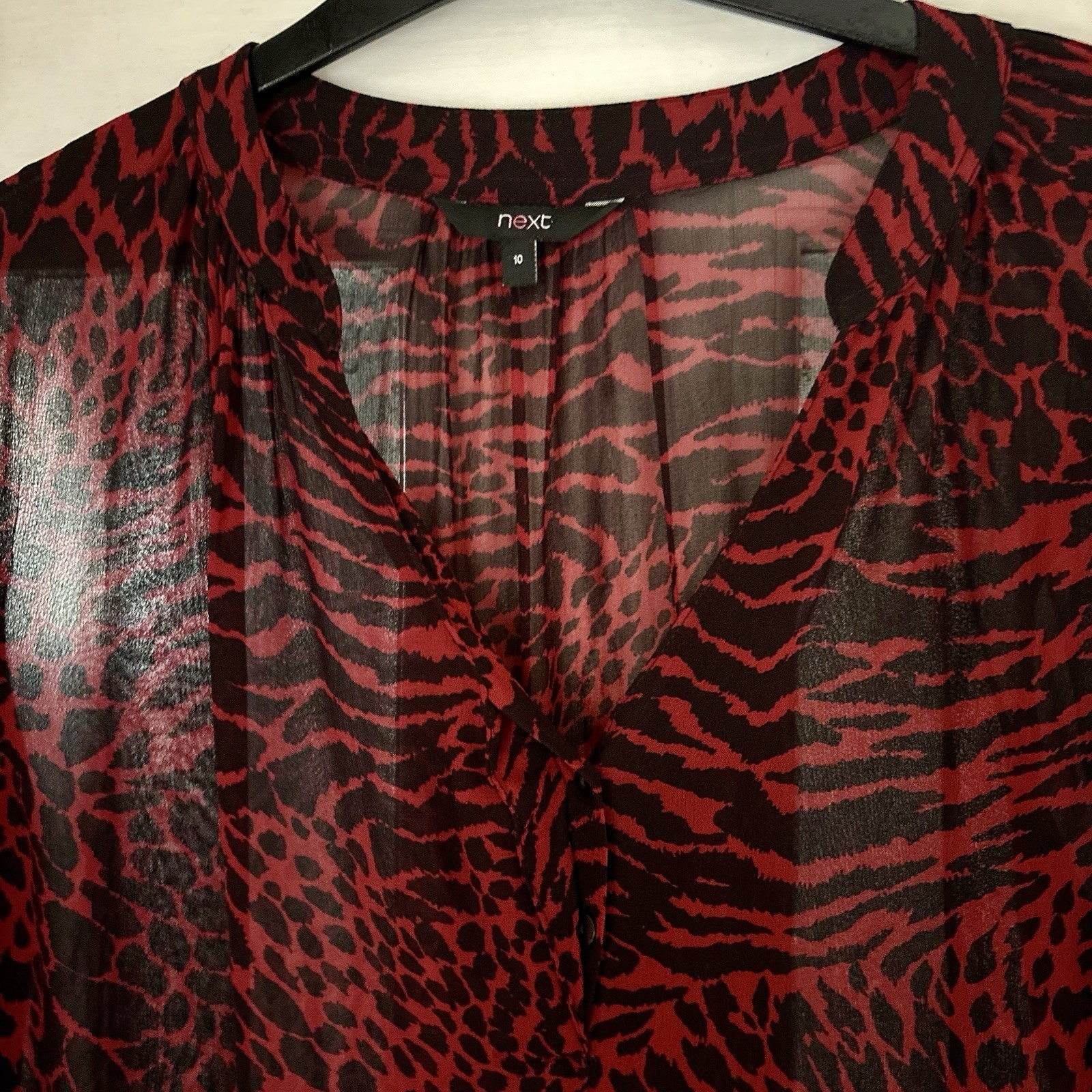 Next Red Black Animal Print Blouse UK 10 Lightweight Sheer Long Sleeve Top