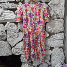 Vintage Tea Party Dress Floral Puff Sleeve 100% Silk Maggy London Womens Size 10