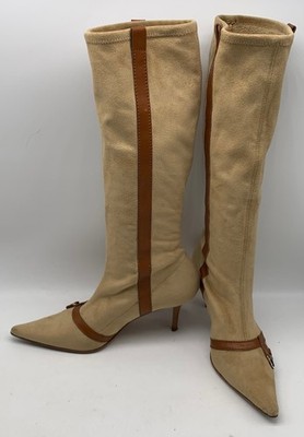 Casadei Beige Suede Pull on Stretch Brown Trim Pointed Toe Heel Boots sz 7.5
