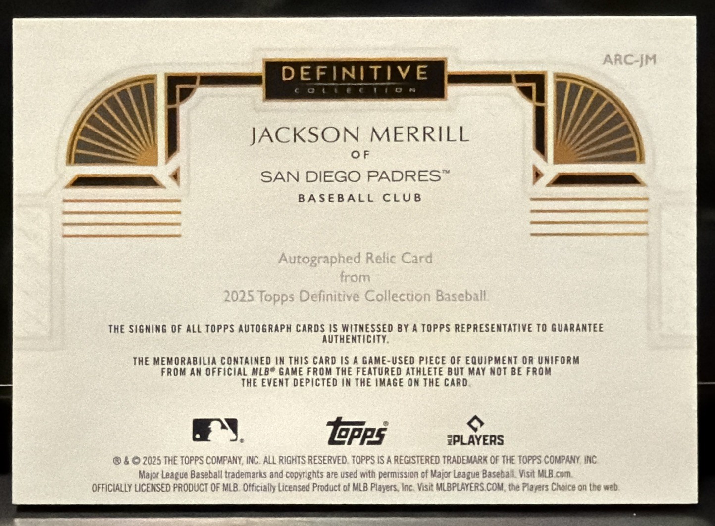 JACKSON MERRILL 2025 TOPPS DEFINITIVE COLL #ARC-JM GAME-USED PATCH AUTO RED 4/5 view 2
