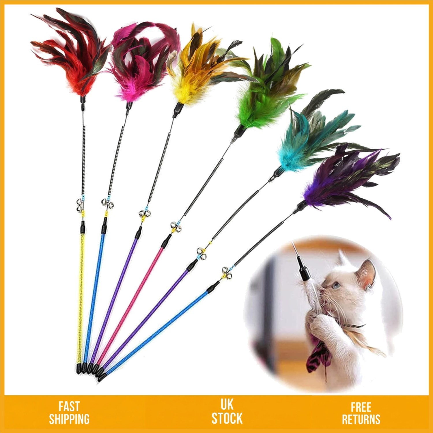 Interactive Feather Teaser Wand Cat Toy Set for Indoor Adult Kitten 6 Piece