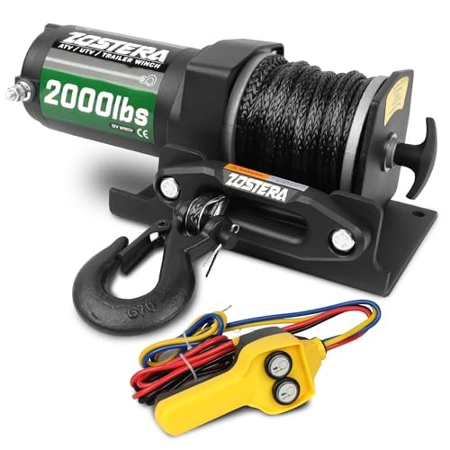 2000lb Electric ATV Winch with Synthetic Rope, 12V Waterproof Towing Gear
