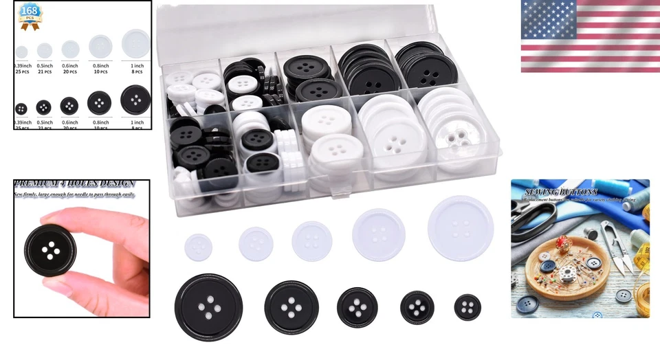 168 Pcs Mixed Resin Sewing Buttons - 5 Sizes, Waterproof 4-Hole Craft Essentials - Image 2 of 4