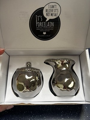Pampa Bay Verona Small Porcelain Creamer and Sugar Set, Silver