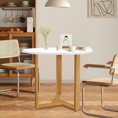  31.5'' Mid Century Modern Round White Dining Table for 2-4, with Wood Legs 