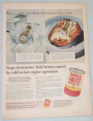 1954 Shell Vintage Print Ad Motor Oil Lubricant Gold Watch Ice Baked Potato