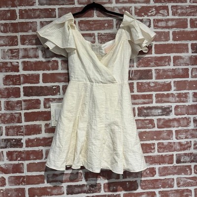 Keepsake The Label Cream Linen Blend Dress XS Ruffle Sleeve Fit & Flare Bridal