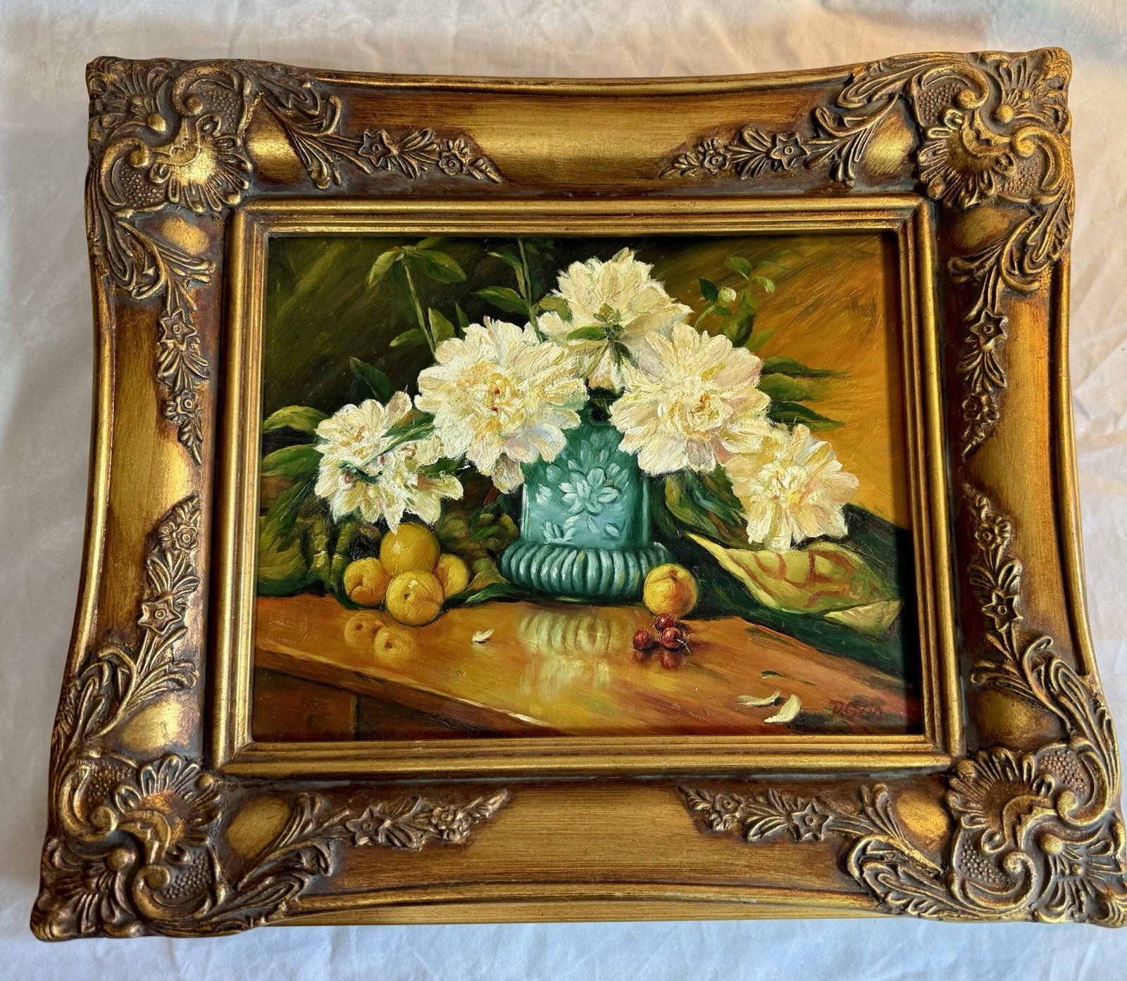Vintage Signed Oil Painting Still Life Heavy Ornate Gold Frame 14.5 in x 12.5 in