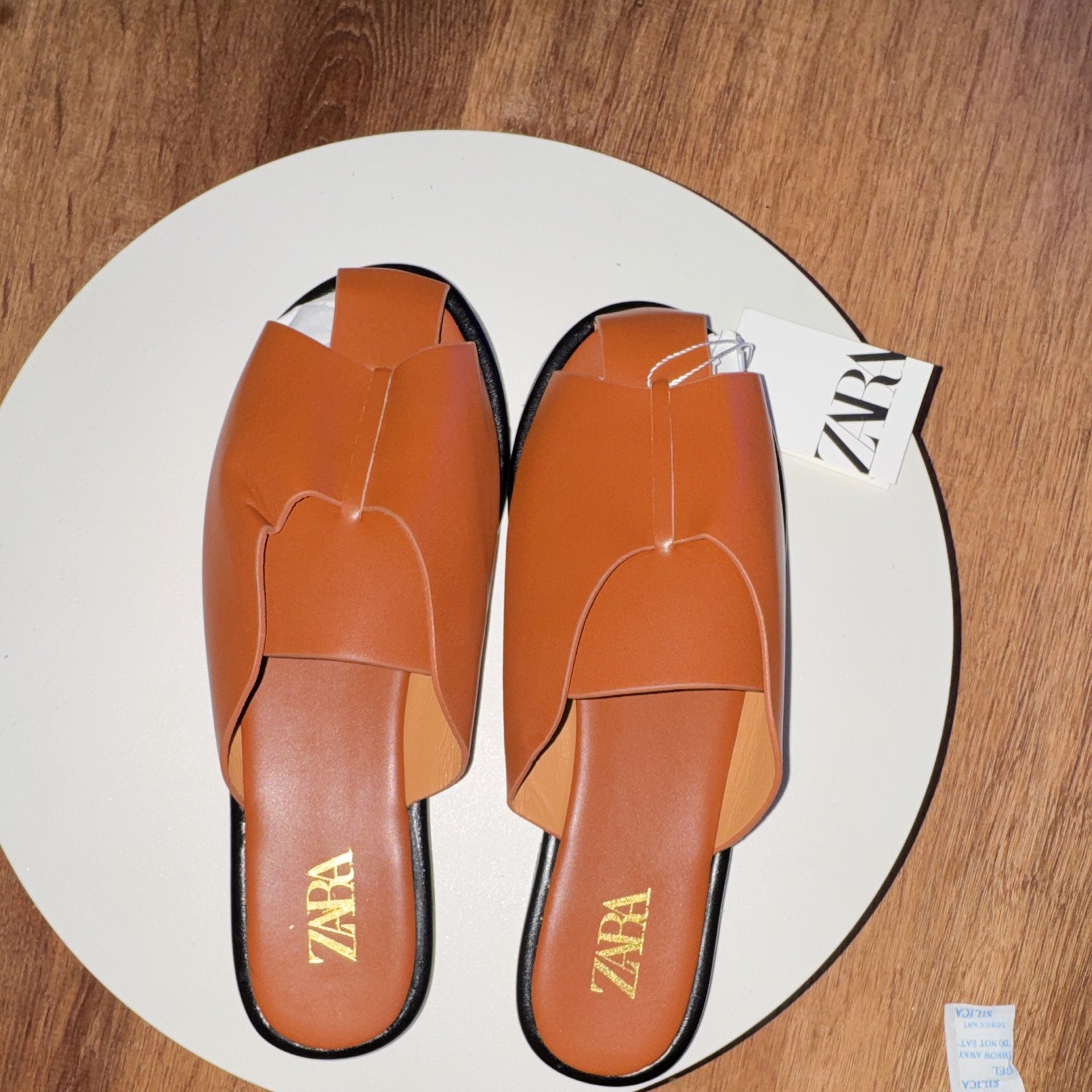 ZARA Women’s Brown Logo Strappy Slide Slip-On Flat Leather Sandals US 8