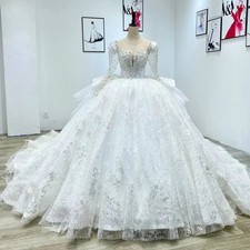 Princess Beaded Luxury White Wedding Dresses Long Sleeves Lace Appliques Ball